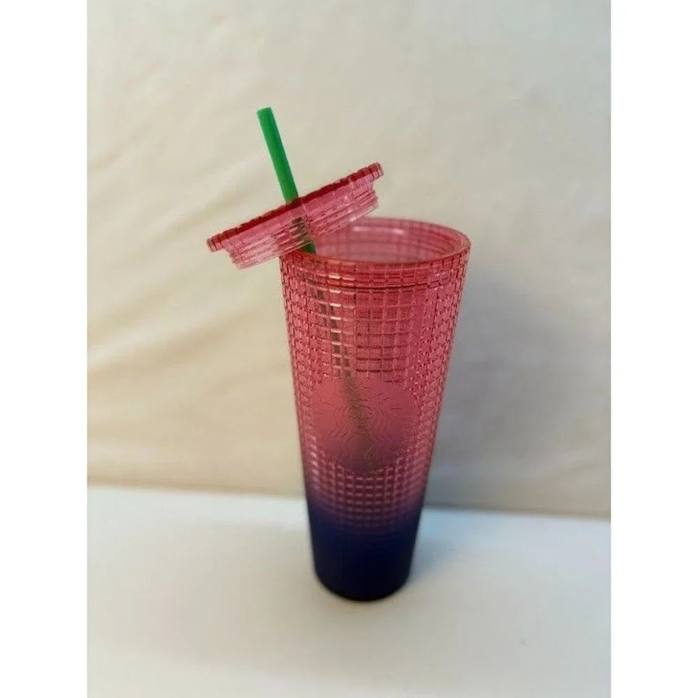 Starbucks Summer 2022 Watermelon Pink Blue Grid Tumbler Cold Cup Venti 24 oz NEW